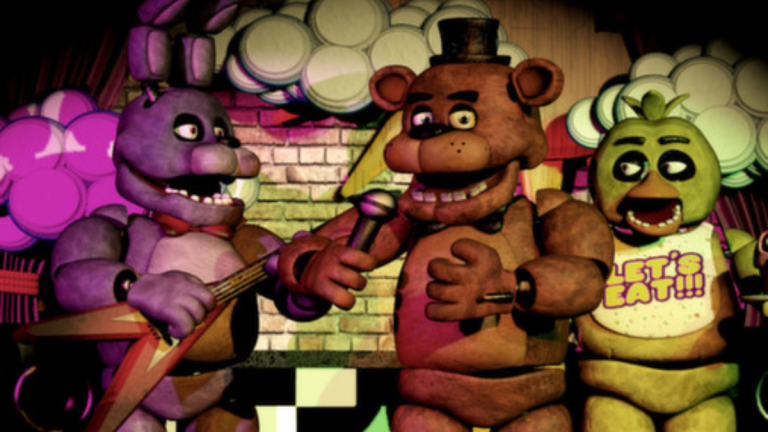 Freddy y sus amigos celebrando una fiesta con alegria.